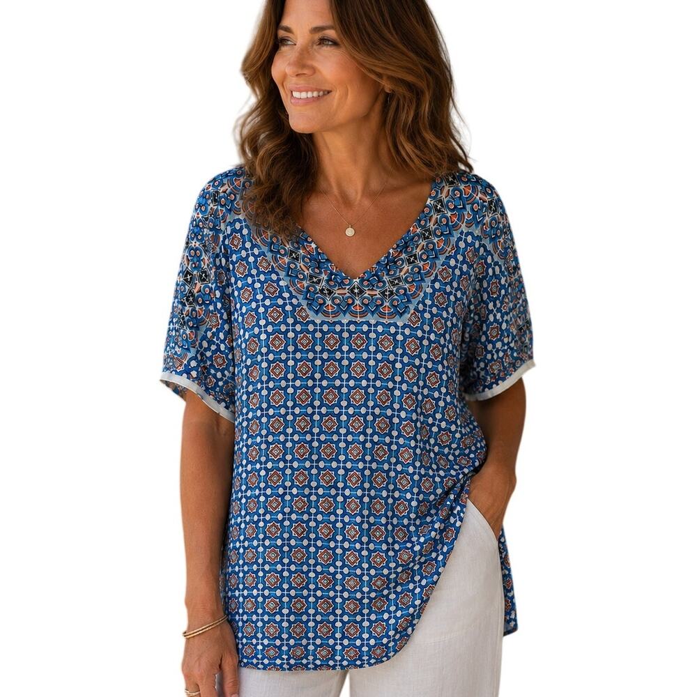 Chicos Mixed Tile Print Top Size 3 (Womens XL) Turquoise V-Neck Geo Casual
